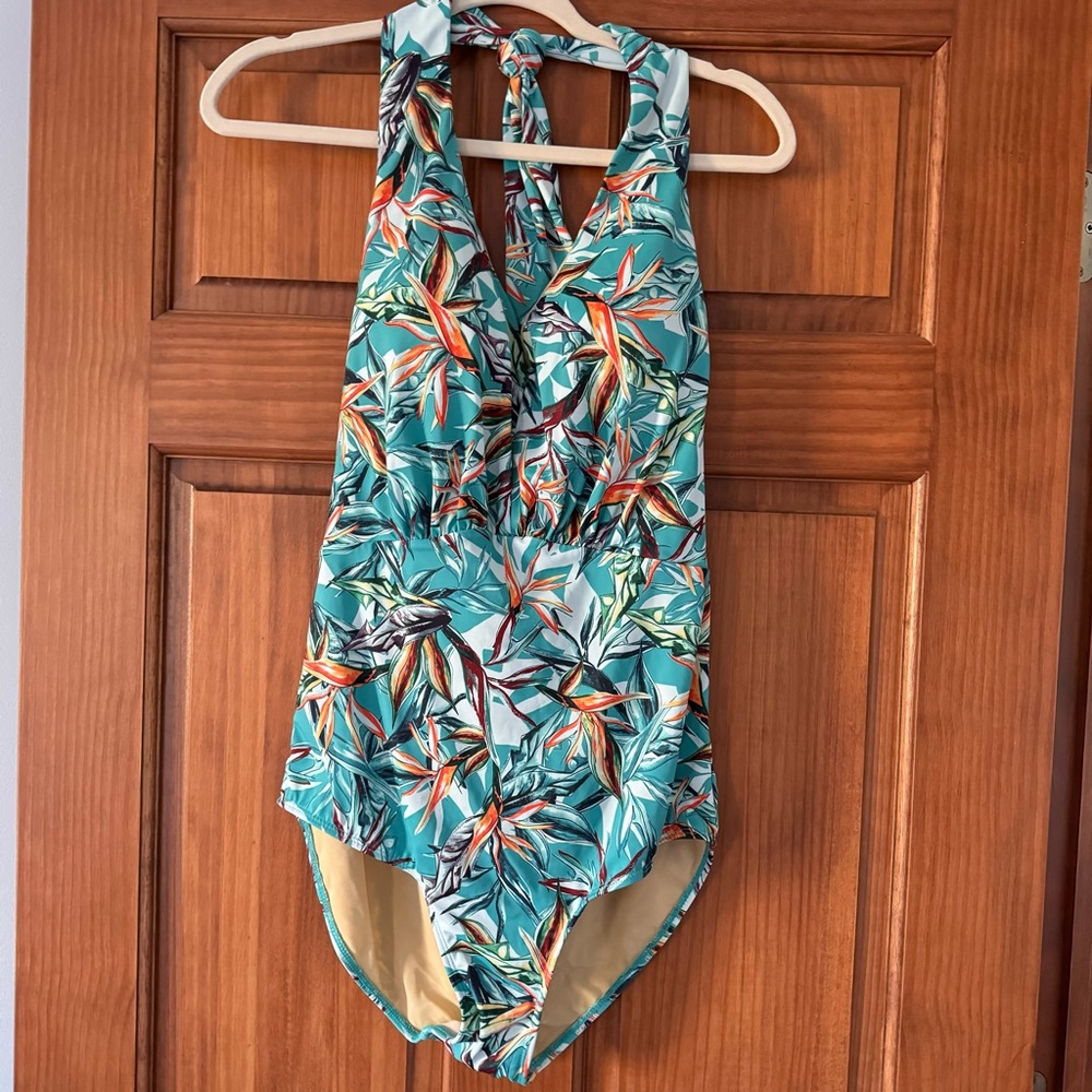 Women’s Teal Tropical Halter One-Piece Swimsuit